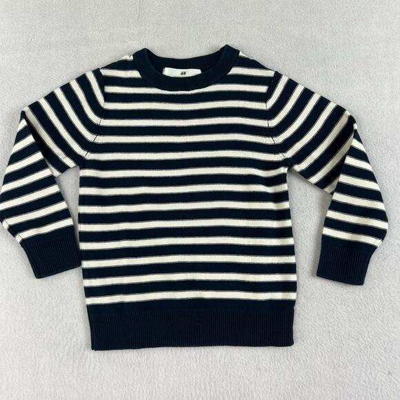 H&M Sweater Kids 3/4T Striped Navy Blue & White 100% Cotton Crewneck Knit - Picture 1 of 7